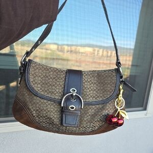 Coach Brown Signature Canvas Shoulder Bag with Cherry Charm